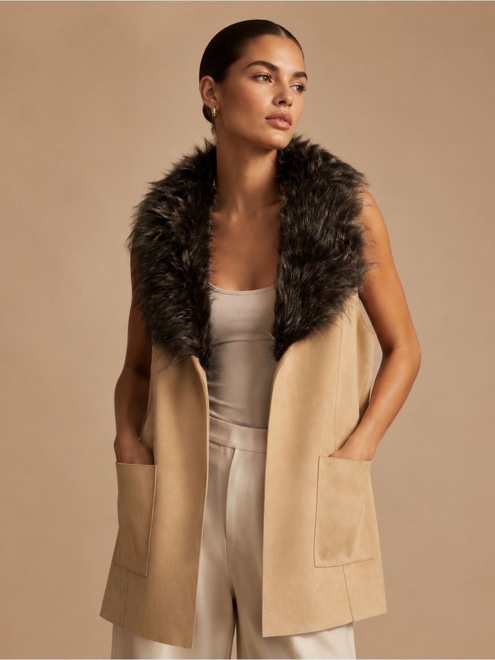 Sleeveless Faux Fur Collar Vest - Camel